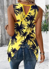 Neon Yellow tops,Plants tops,ROTITA Tropical Plants Print Neon Yellow Round Neck Tank Top