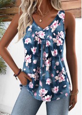 débardeur col V bleu denim à imprimé floral aléatoire Rotita