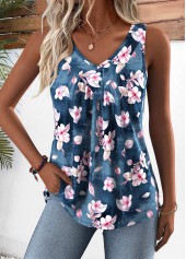 Denim Blue tops,Plants tops,Floral tops,ROTITA Random Floral Print Denim Blue V Neck Tank Top