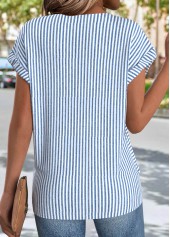 Light Blue tops,Striped tops,Geometric tops,ROTITA Cross Hem Striped Light Blue Round Neck T Shirt