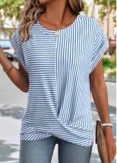 Light Blue tops,Striped tops,Geometric tops,ROTITA Cross Hem Striped Light Blue Round Neck T Shirt
