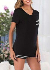 Black loungewear,Striped loungewear,Geometric loungewear,Striped Black V Neck Lounge Top and Shorts