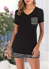 Black loungewear,Striped loungewear,Geometric loungewear,Striped Black V Neck Lounge Top and Shorts