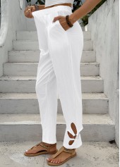 White bottoms,Plain Color bottoms,White Straight Leg Elastic Waist Mid Waisted Pants