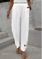 White bottoms,Plain Color bottoms,White Straight Leg Elastic Waist Mid Waisted Pants