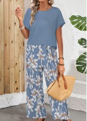 Blue jumpsuits&rompers,Floral jumpsuits&rompers,Plants jumpsuits&rompers,ROTITA Lightweight Floral Print Blue Round Neck Top and Pants