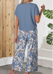Blue jumpsuits&rompers,Floral jumpsuits&rompers,Plants jumpsuits&rompers,ROTITA Lightweight Floral Print Blue Round Neck Top and Pants