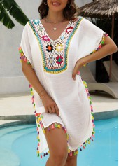 White swimwear,Plain Color swimwear,White Color Patchwork V Neck Cover Up