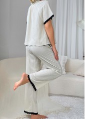 White loungewear,Contrast Color loungewear,White Lace Up Collar Lounge Top and Pants