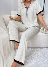 White loungewear,Contrast Color loungewear,White Lace Up Collar Lounge Top and Pants