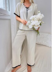 White loungewear,Contrast Color loungewear,White Lace Up Collar Lounge Top and Pants