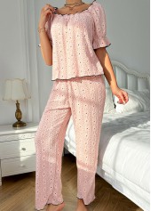 Light Pink loungewear,Contrast Color loungewear,Light Pink Square Neck Lounge Top and Pants