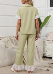 Light Green loungewear,Contrast Color loungewear,Light Green Shirt Collar Lounge Top and Pants