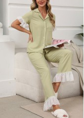 Light Green loungewear,Contrast Color loungewear,Light Green Shirt Collar Lounge Top and Pants