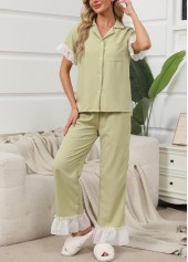 Light Green loungewear,Contrast Color loungewear,Light Green Shirt Collar Lounge Top and Pants