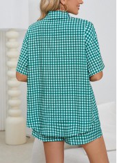 Mint Green loungewear,Plaid loungewear,Geometric loungewear,Plaid Mint Green Shirt Collar Lounge Top and Shorts