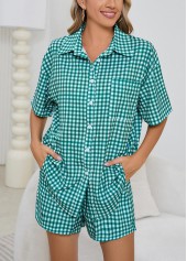 Mint Green loungewear,Plaid loungewear,Geometric loungewear,Plaid Mint Green Shirt Collar Lounge Top and Shorts