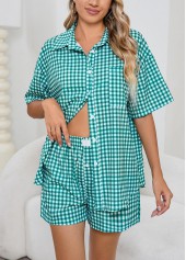 Mint Green loungewear,Plaid loungewear,Geometric loungewear,Plaid Mint Green Shirt Collar Lounge Top and Shorts
