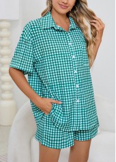 Mint Green loungewear,Plaid loungewear,Geometric loungewear,Plaid Mint Green Shirt Collar Lounge Top and Shorts