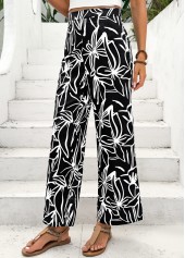 Black bottoms,Plants bottoms,Floral bottoms,Random Floral Print Black Straight Leg Elastic Waist Pants