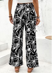 Black bottoms,Plants bottoms,Floral bottoms,Random Floral Print Black Straight Leg Elastic Waist Pants
