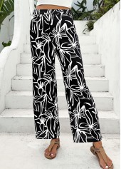 Black bottoms,Plants bottoms,Floral bottoms,Random Floral Print Black Straight Leg Elastic Waist Pants