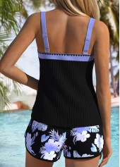 Black swimwear,Floral swimwear,Plants swimwear,ROTITA Contrast Binding Black Floral Print Mid Waisted Tankini Set