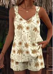 Light Camel tops,Plants tops,ROTITA Tropical Plants Light Camel Tank Top and Shorts Co-ords
