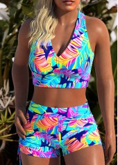 Royal Blue swimwear,Plants swimwear,ROTITA Three-piece Royal Blue Leaf Print Mid Waisted Tankini Set