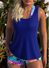 Royal Blue swimwear,Plants swimwear,ROTITA Three-piece Royal Blue Leaf Print Mid Waisted Tankini Set