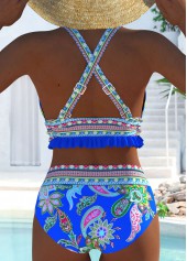 Purplish Blue swimwear,Tribal swimwear,ROTITA Patchwork Purplish Blue Tribal Print High Waisted Bikini Set
