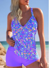 ensemble tankini taille haute à imprimé fleuri violet à smocks rotita