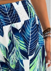 Peacock Blue bottoms,Plants bottoms,Leaf Print Peacock Blue Wide Leg Elastic Waist Pants