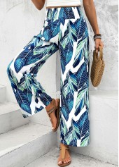 Peacock Blue bottoms,Plants bottoms,Leaf Print Peacock Blue Wide Leg Elastic Waist Pants