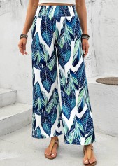 Peacock Blue bottoms,Plants bottoms,Leaf Print Peacock Blue Wide Leg Elastic Waist Pants