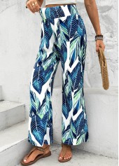 Peacock Blue bottoms,Plants bottoms,Leaf Print Peacock Blue Wide Leg Elastic Waist Pants