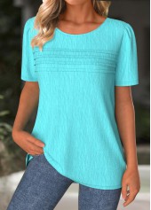 Cyan tops,Plain Color tops,ROTITA Cyan Round Neck Short Sleeve T Shirt