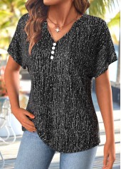 Black tops,Plain Color tops,ROTITA Button Black Split Neck Short Sleeve T Shirt