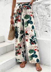 Blackish Green bottoms,Plants bottoms,Plants Print Blackish Green Wide Leg Elastic Waist Pants