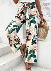 Blackish Green bottoms,Plants bottoms,Plants Print Blackish Green Wide Leg Elastic Waist Pants