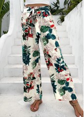 Blackish Green bottoms,Plants bottoms,Plants Print Blackish Green Wide Leg Elastic Waist Pants
