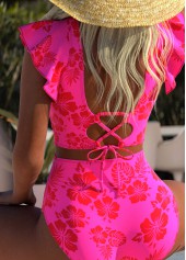 Hot Pink swimwear,Floral swimwear,Plants swimwear,ROTITA Lace Up Hot Pink Floral Print Bikini Set