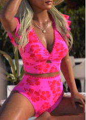 Hot Pink swimwear,Floral swimwear,Plants swimwear,ROTITA Lace Up Hot Pink Floral Print Bikini Set