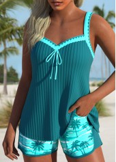 Turquoise swimwear,Plants swimwear,ROTITA Tie Turquoise Tropical Plants Print Mid Waisted Tankini Set