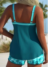 Turquoise swimwear,Plants swimwear,ROTITA Tie Turquoise Tropical Plants Print Mid Waisted Tankini Set