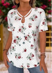 White tops,Floral tops,Plants tops,ROTITA Floral Print White V Neck Short Sleeve T Shirt