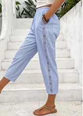 Light Blue bottoms,Striped bottoms,Geometric bottoms,Striped Light Blue Straight Leg Elastic Waist Pants