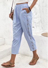 Light Blue bottoms,Striped bottoms,Geometric bottoms,Striped Light Blue Straight Leg Elastic Waist Pants