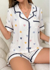 White loungewear,Heart loungewear,Heart Print White Short Sleeve Lounge Top and Shorts