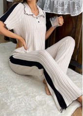 Beige loungewear,Contrast Color loungewear,Beige Turn Down Collar Lounge Top and Pants